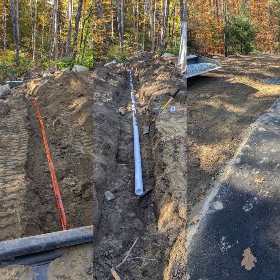 Before and after of a utility trench dug alongside a driveway, with a marked line and drain pipe laid before backfilling and paving