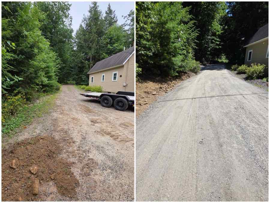 Before and after image of a gravel driveway repair