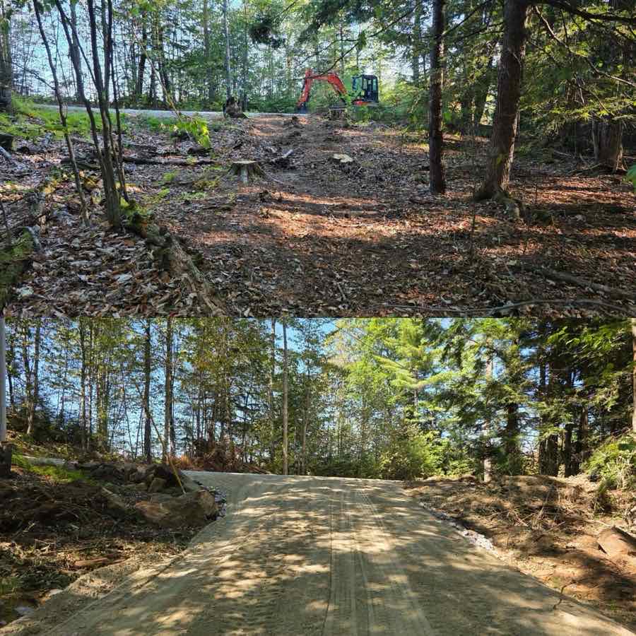 Before and after of an excavator clearing a wooded lot and grading it into a finished gravel driveway near the water