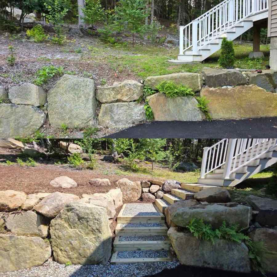 Before and after of a stone retaining wall and wooden steps built into a wooded hillside